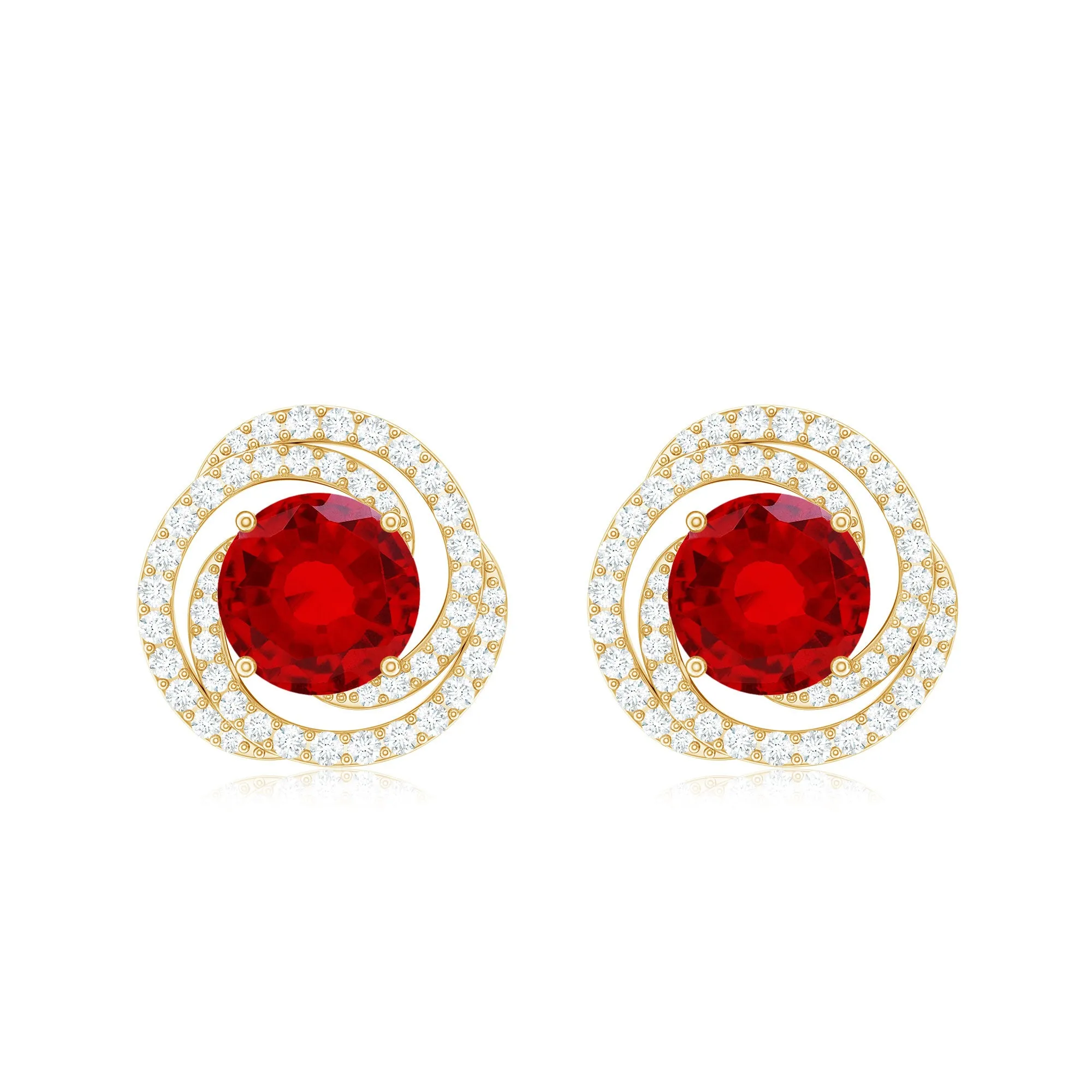 Round Created Ruby Braided Halo Stud Earrings with Diamond