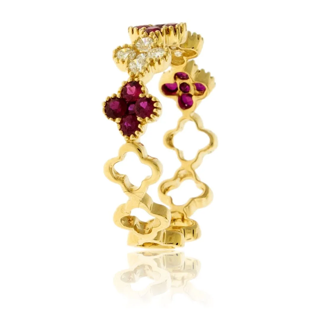 Ruby & Diamond Clover Style Stackable Ring