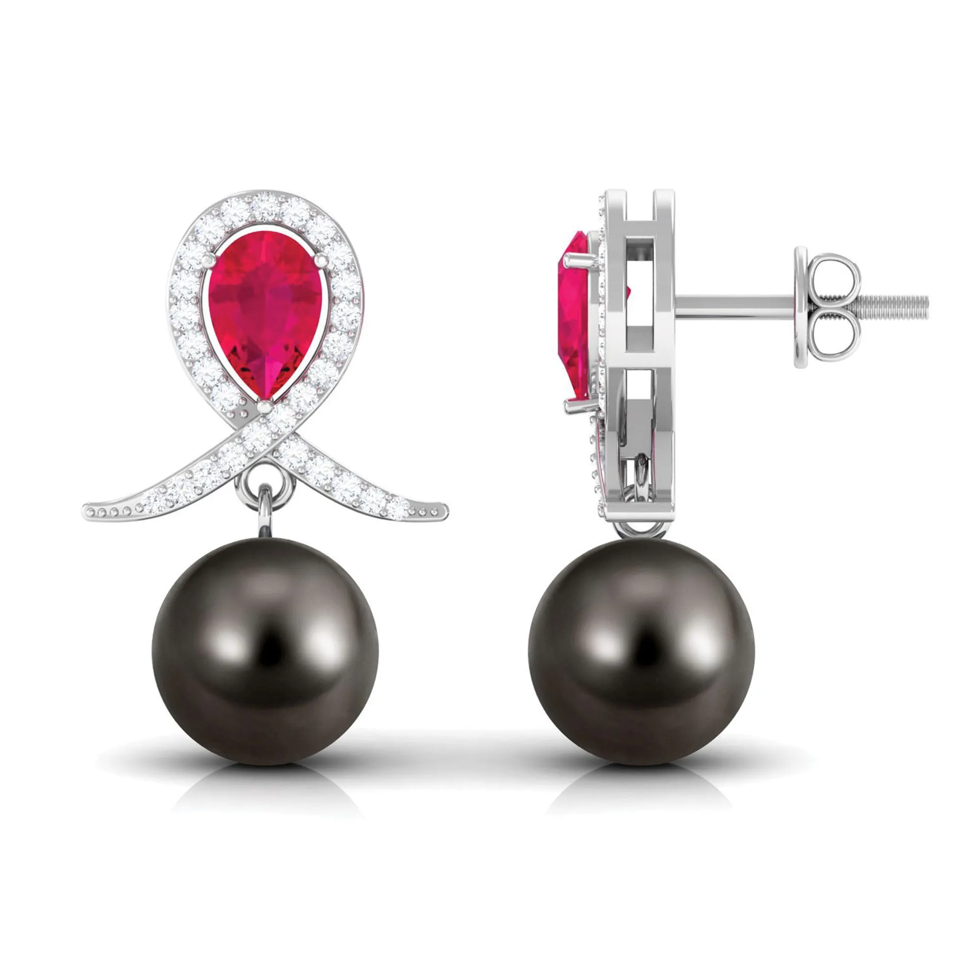 Ruby and Moissanite Teardrop Earrings with Tahitian Pearl Drop