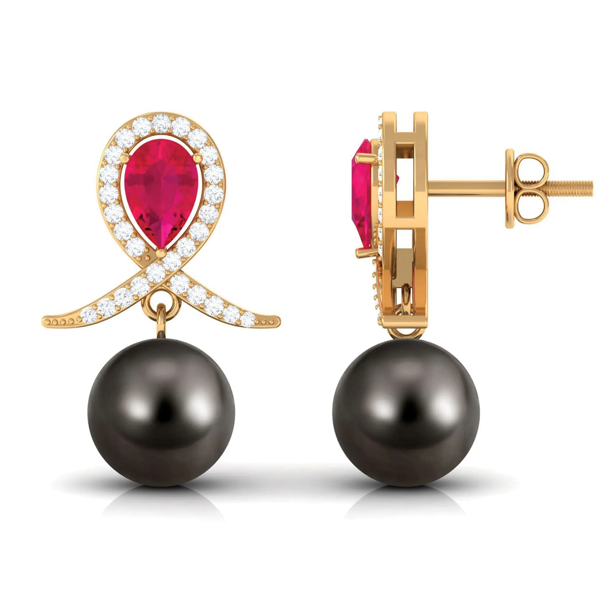 Ruby and Moissanite Teardrop Earrings with Tahitian Pearl Drop