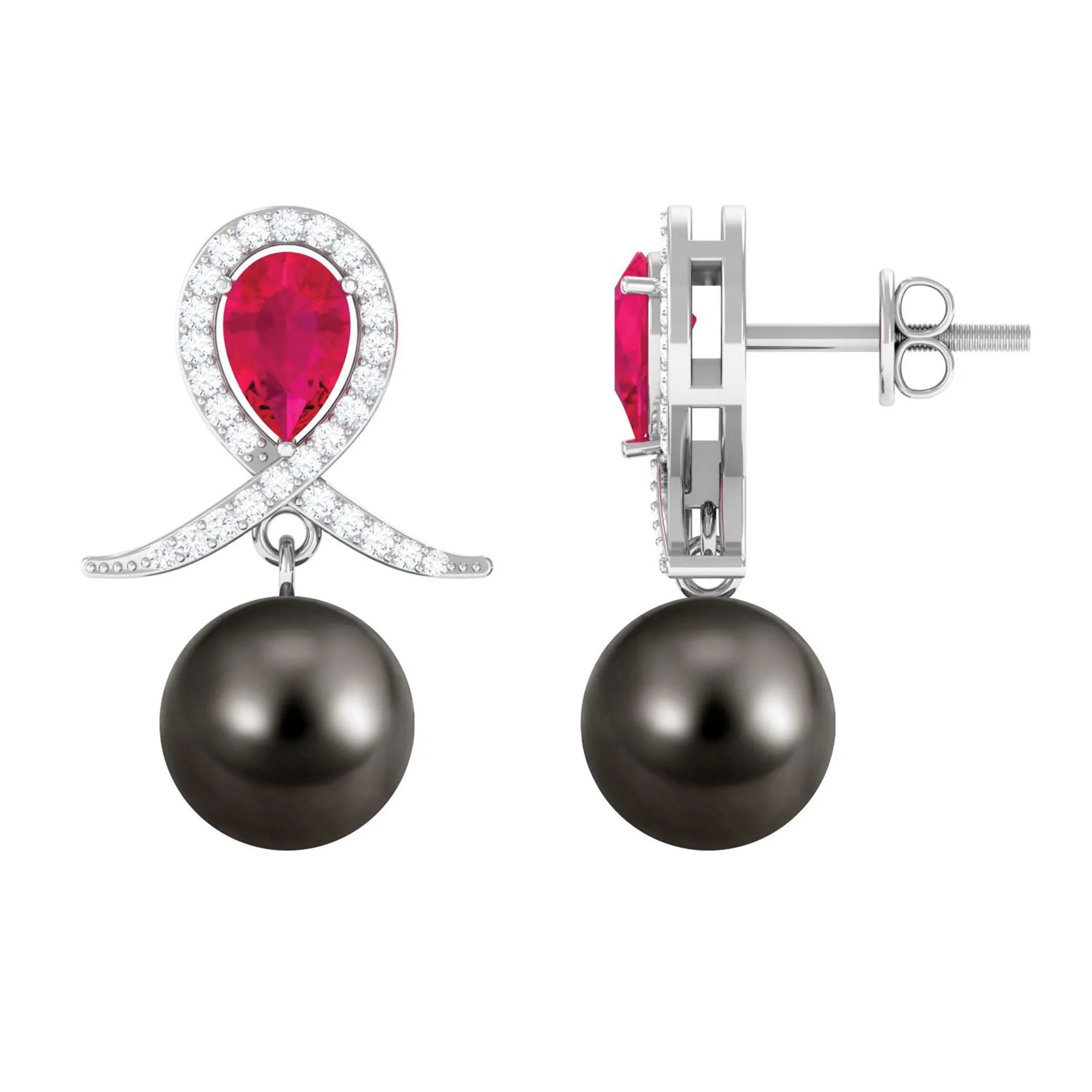 Ruby and Moissanite Teardrop Earrings with Tahitian Pearl Drop