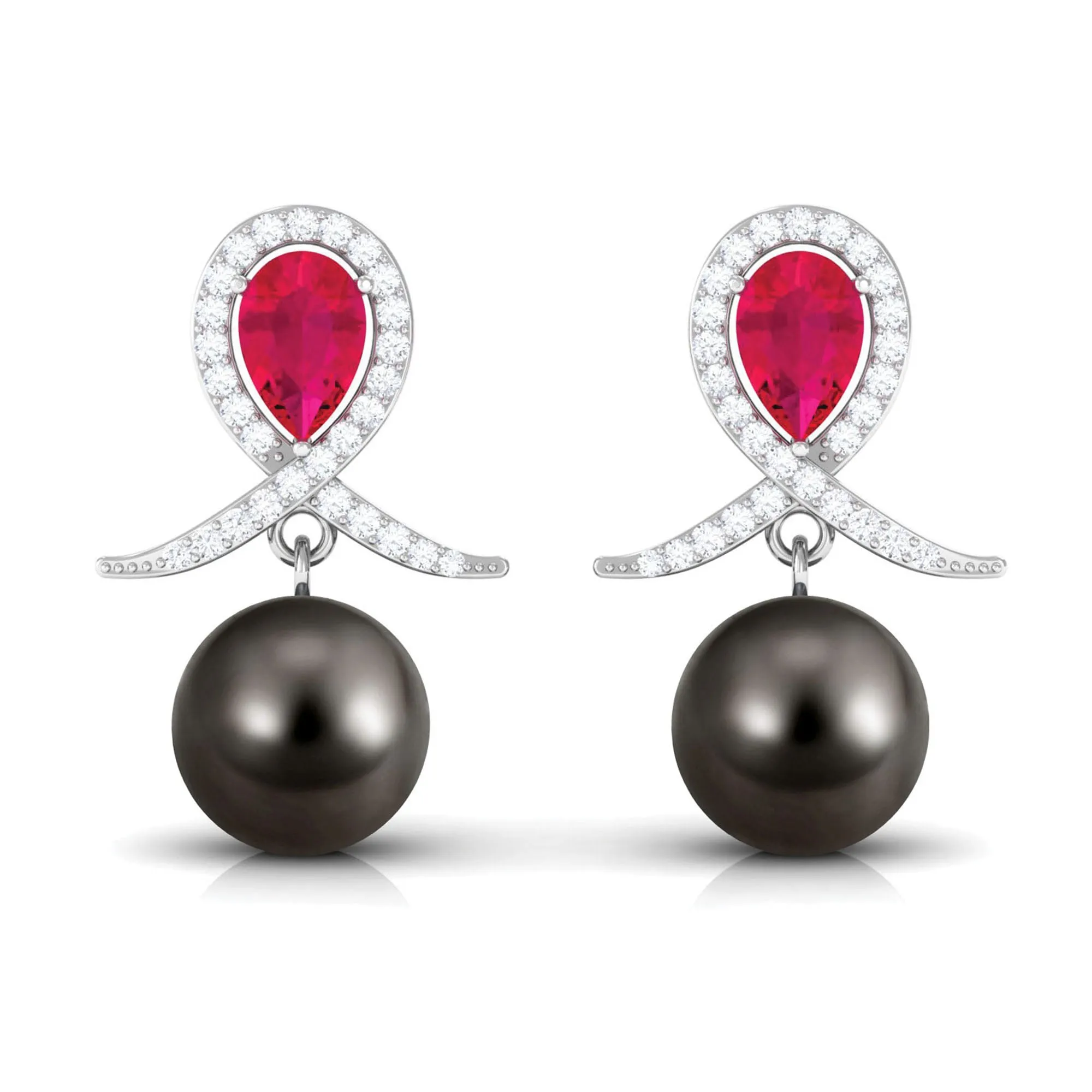 Ruby and Moissanite Teardrop Earrings with Tahitian Pearl Drop