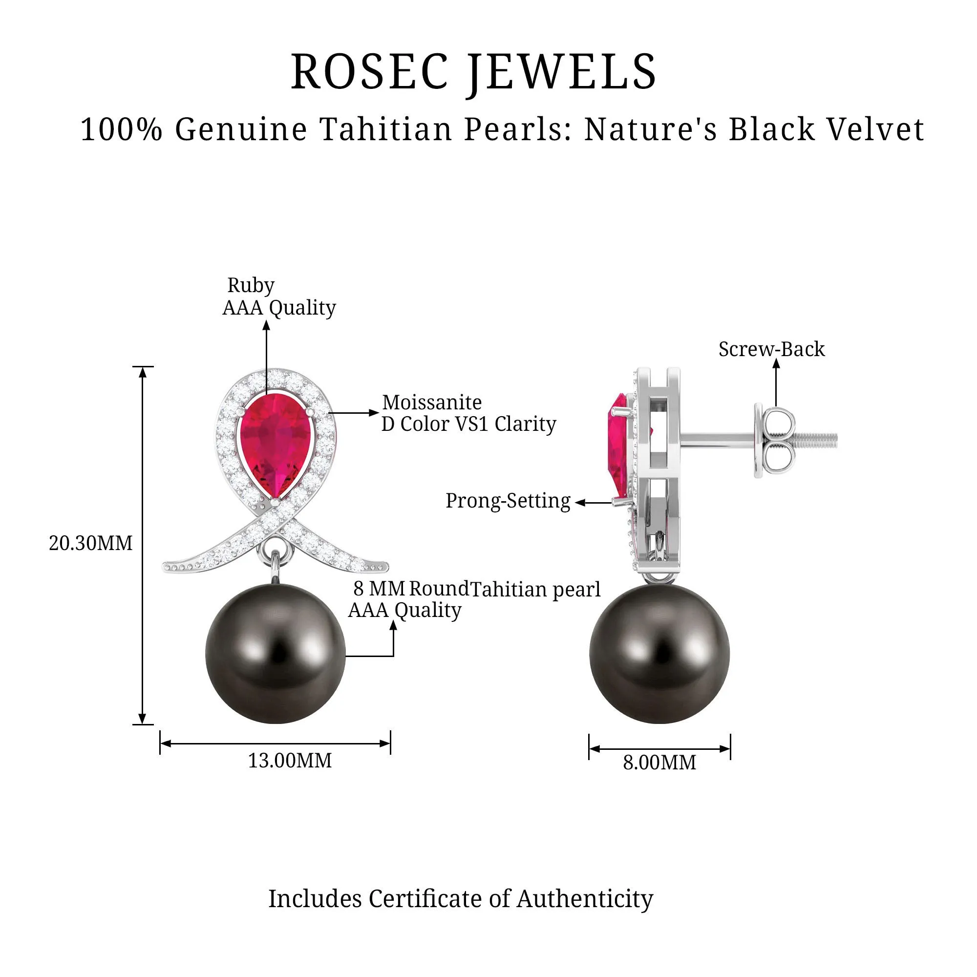 Ruby and Moissanite Teardrop Earrings with Tahitian Pearl Drop