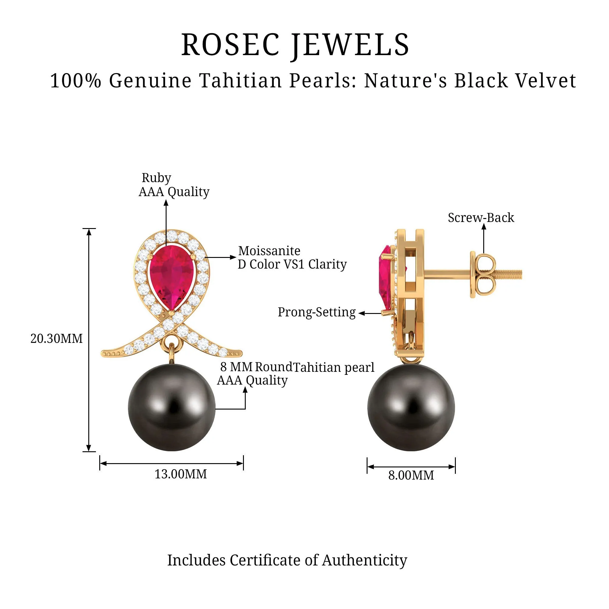 Ruby and Moissanite Teardrop Earrings with Tahitian Pearl Drop