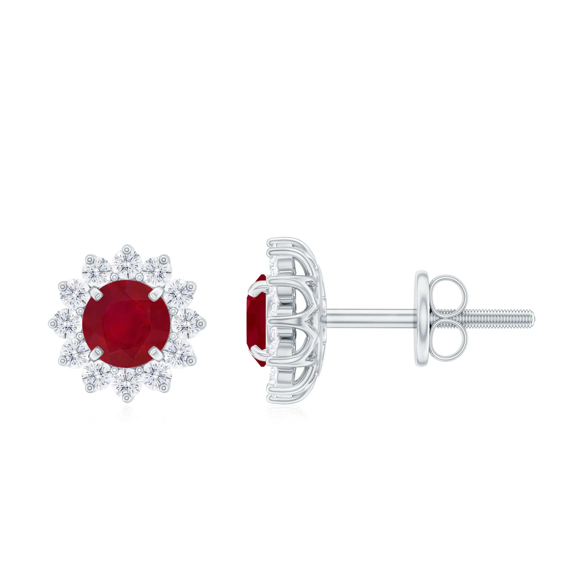 Ruby Flower Stud Earrings with Diamond Halo