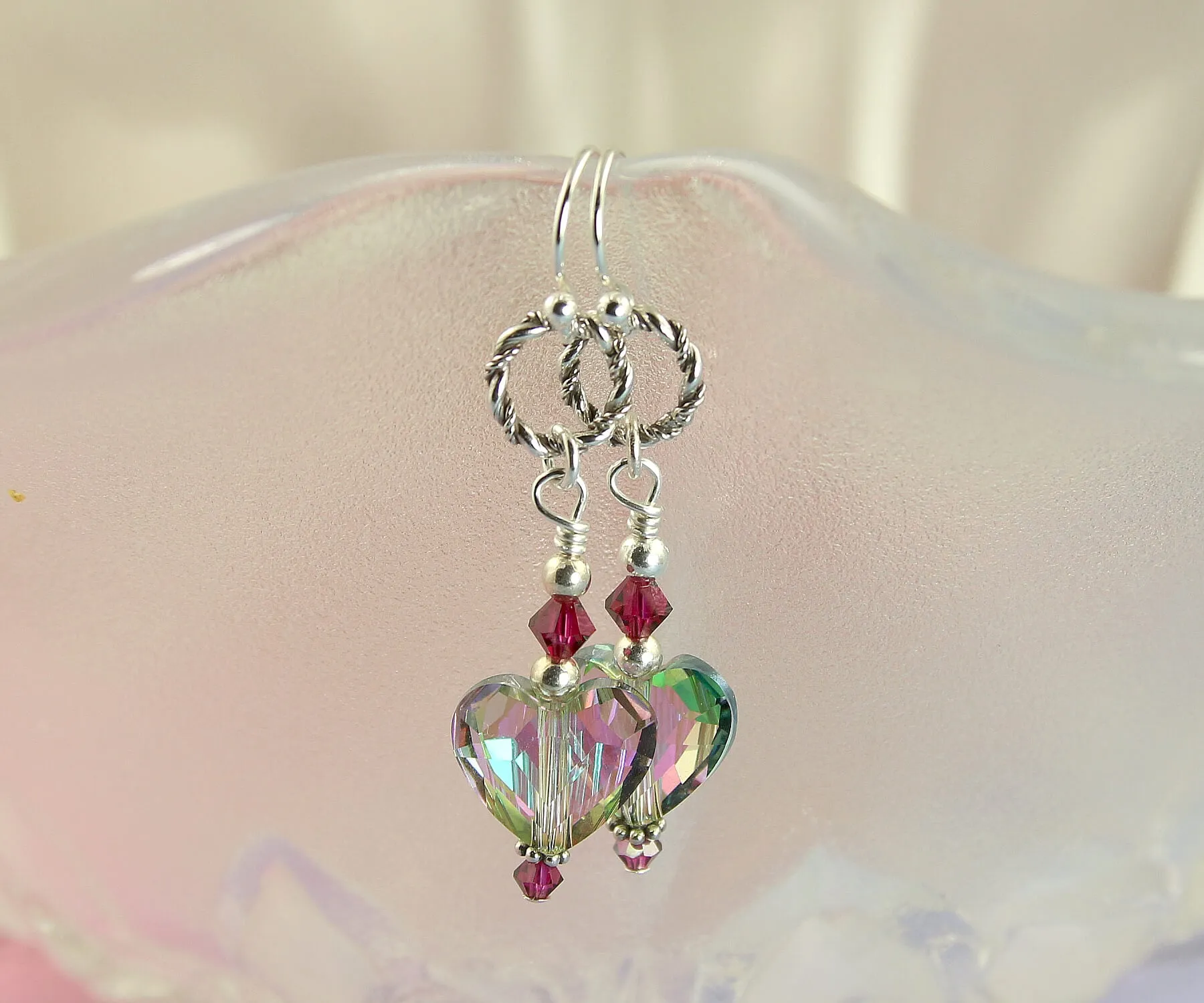 Ruby Swarovski Heart Crystal Earrings, Sterling Silver