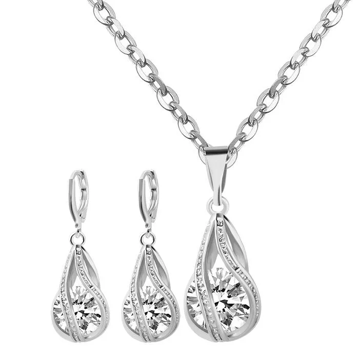 S163 Korean simple zircon Drop Necklace Earrings set new bride wedding