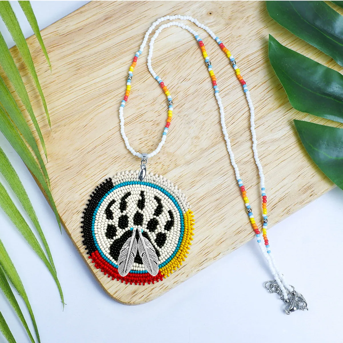 SALE 50% OFF - Bear Paw Handmade Beaded Wire Necklace Pendant Unisex With Native American Style