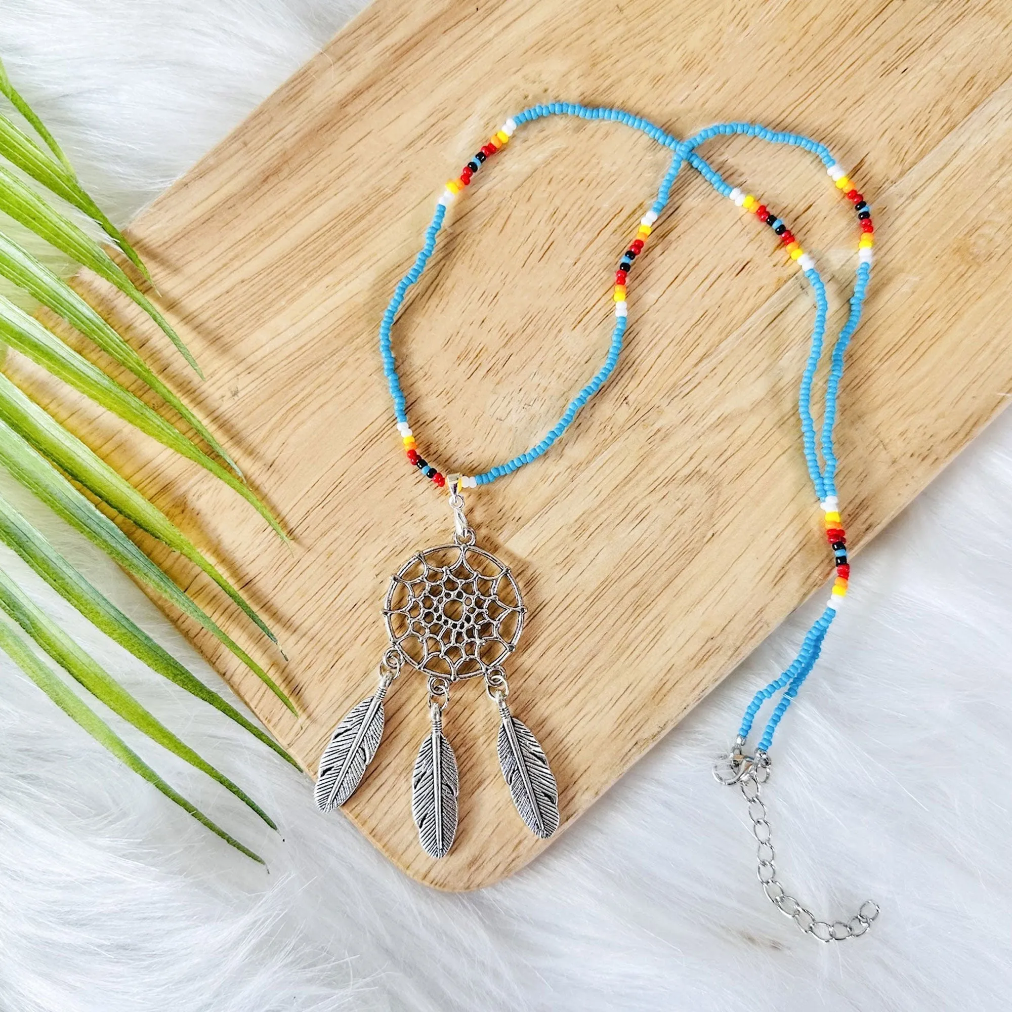 SALE 50% OFF - Long Silver Dreamcatcher White Lightning Handmade Beaded Necklace For Women With Native American Style