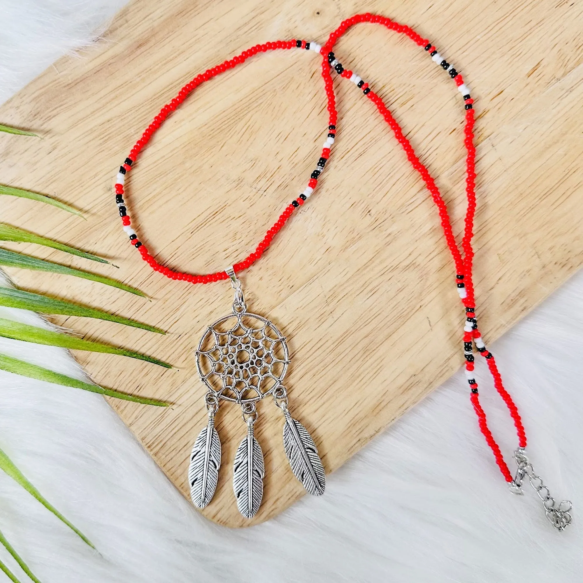 SALE 50% OFF - Long Silver Dreamcatcher White Lightning Handmade Beaded Necklace For Women With Native American Style