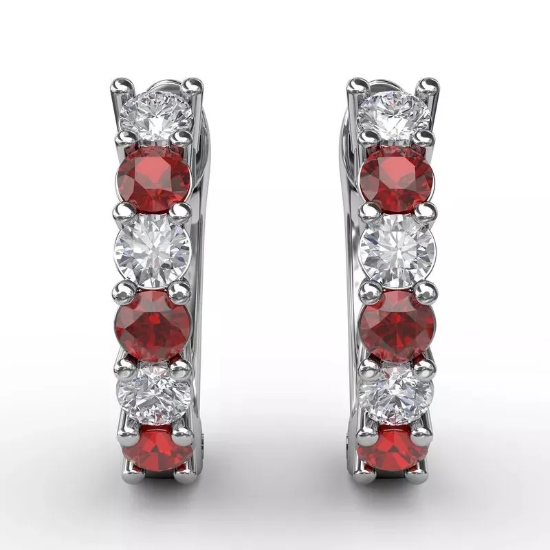 Shared Prong Ruby And Diamond Hoop Earrings