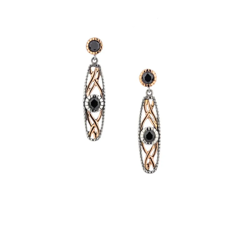 Silver and 10k Rose Gold Brave Heart Earrings-Black Cubic Zirconia