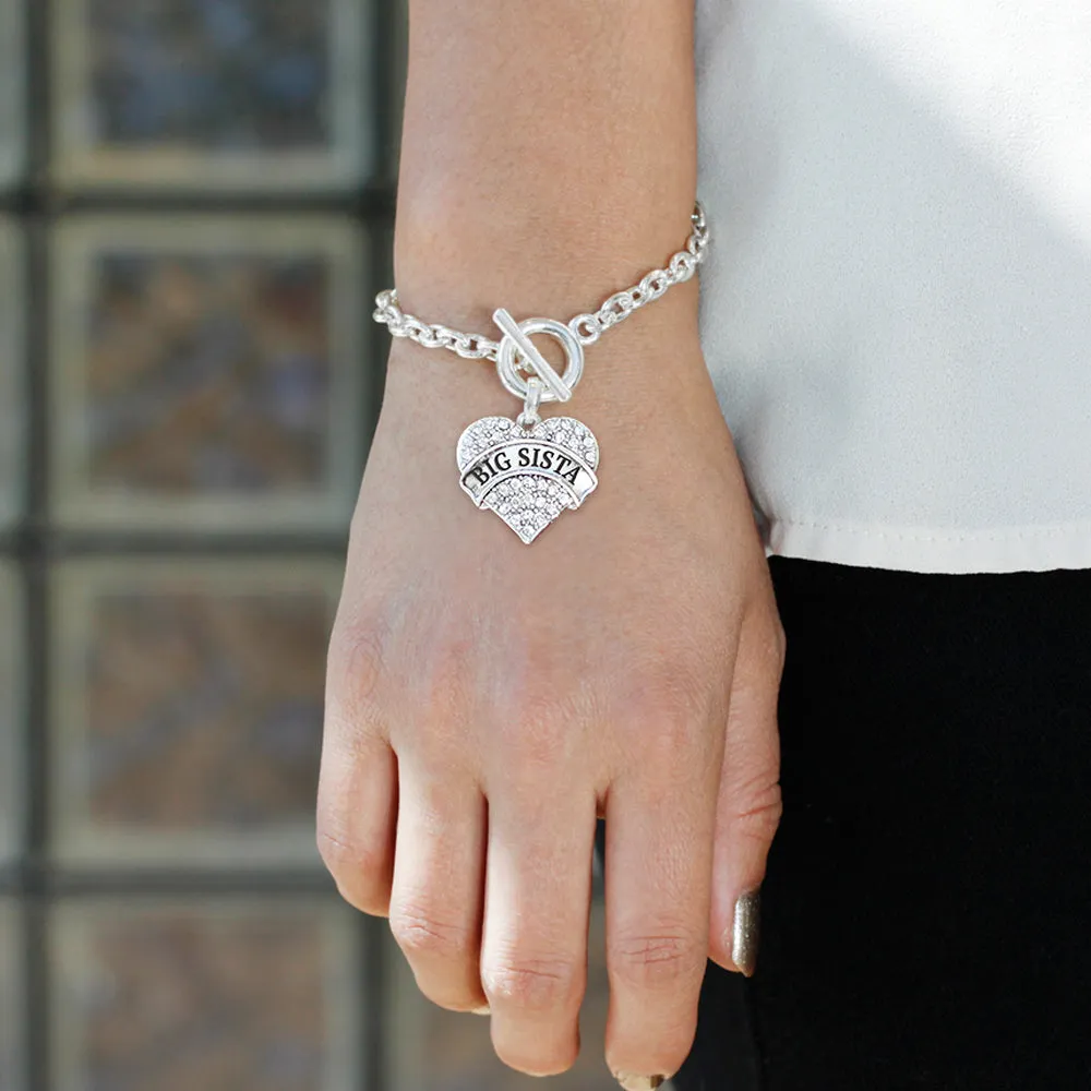 Silver Big Sista Pave Heart Charm Toggle Bracelet