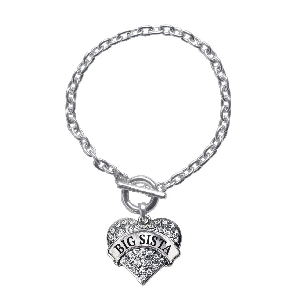 Silver Big Sista Pave Heart Charm Toggle Bracelet