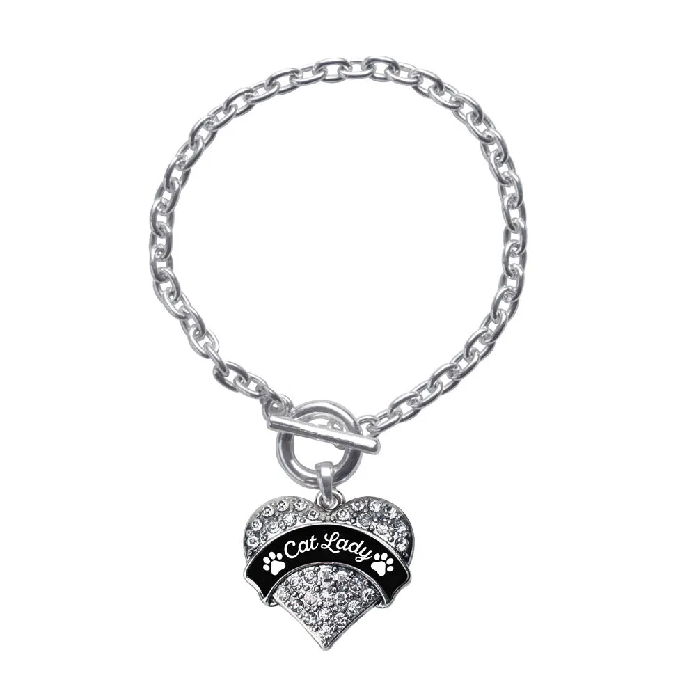 Silver Cat Lady - Paw Prints Pave Heart Charm Toggle Bracelet