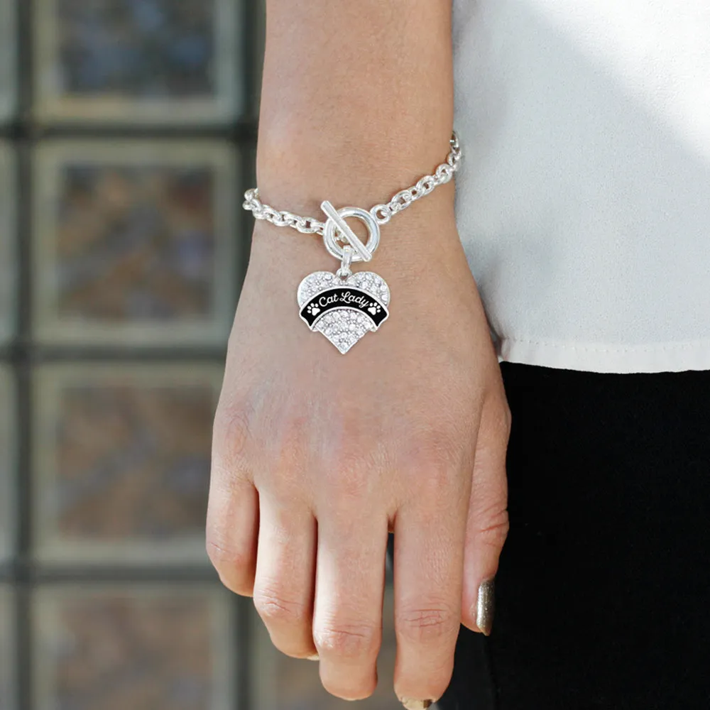 Silver Cat Lady - Paw Prints Pave Heart Charm Toggle Bracelet