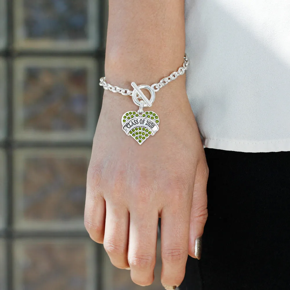 Silver Class of 2020 Green Green Pave Heart Charm Toggle Bracelet