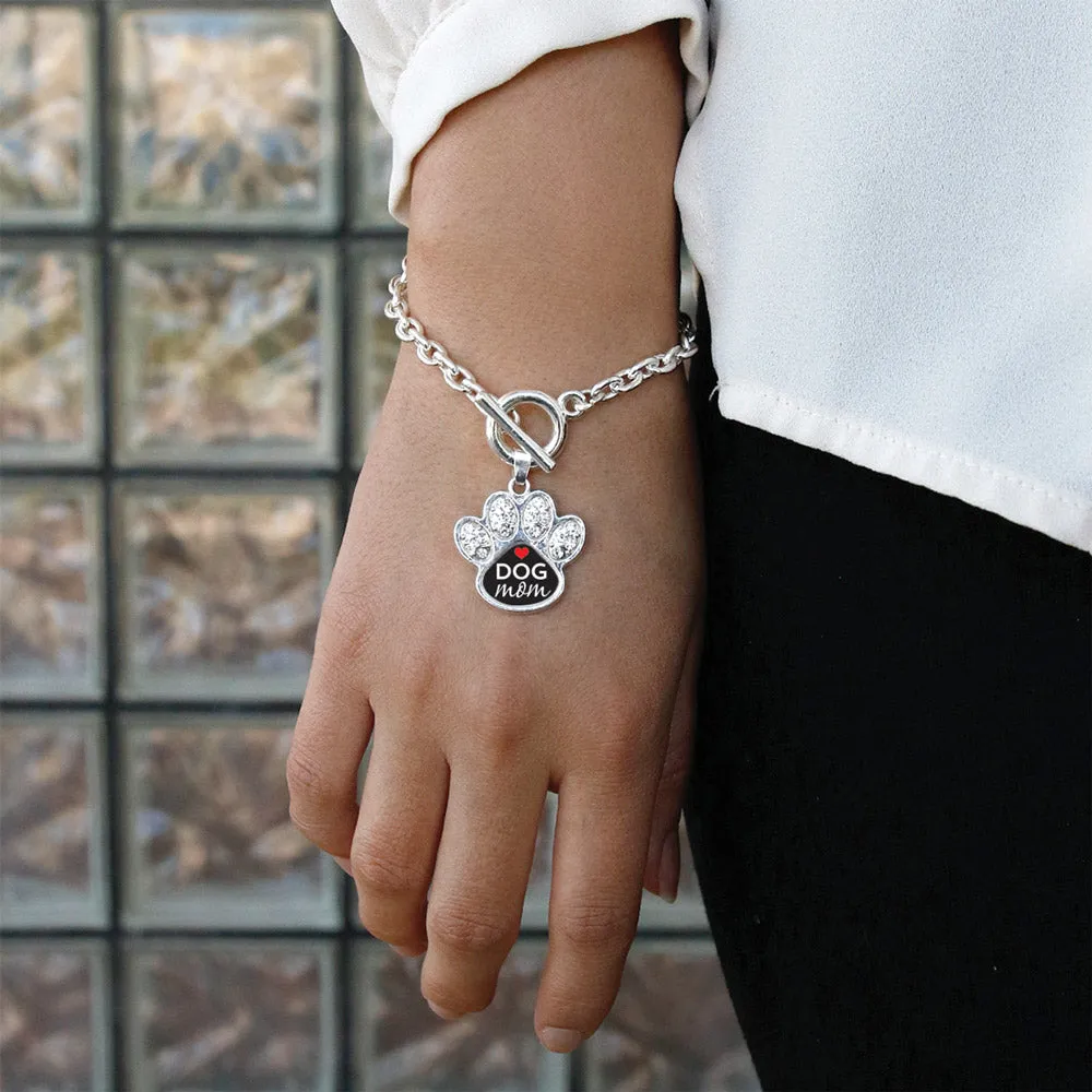 Silver Dog Mom Pave Paw Charm Toggle Bracelet