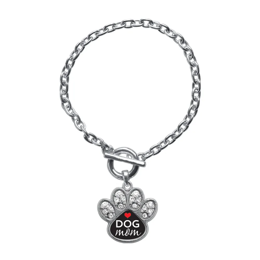 Silver Dog Mom Pave Paw Charm Toggle Bracelet