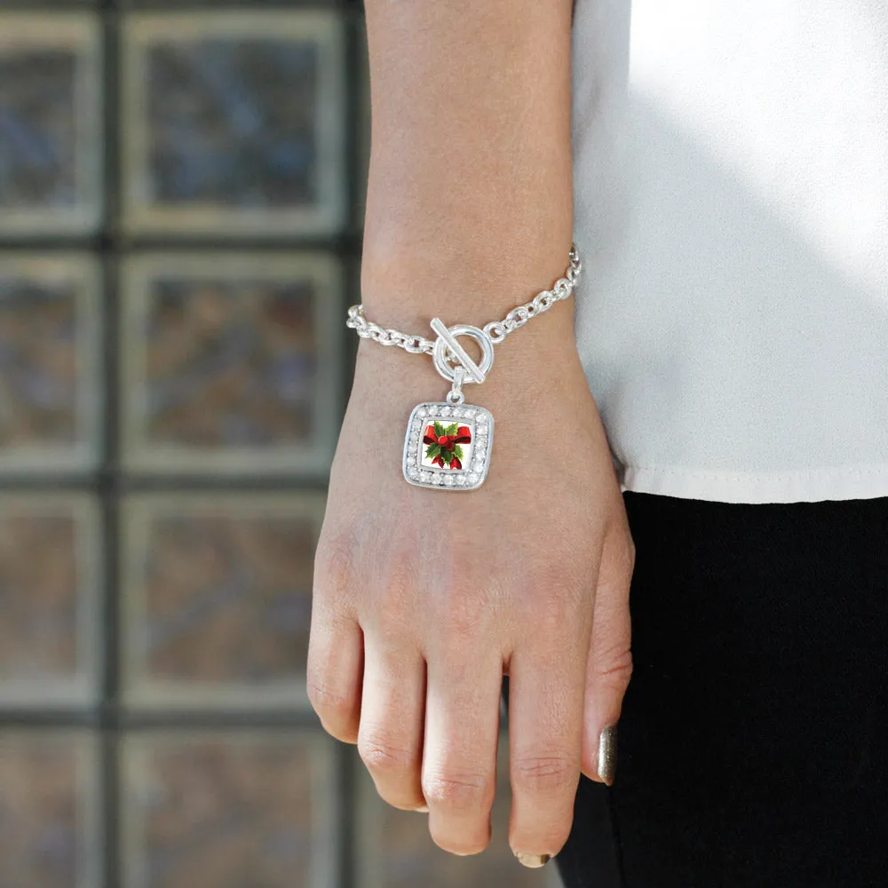 Silver Holly Plant Square Charm Toggle Bracelet