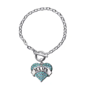 Silver Mama Aqua Pave Heart Charm Toggle Bracelet