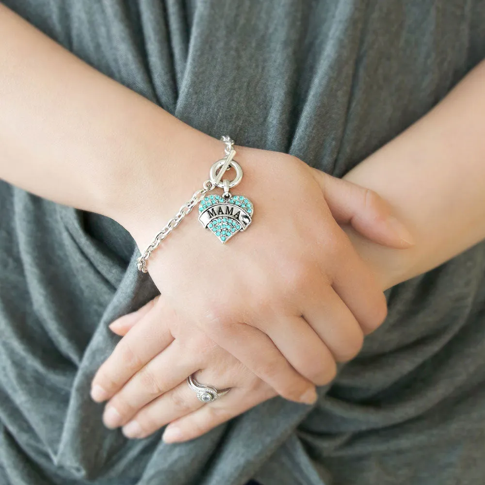 Silver Mama Aqua Pave Heart Charm Toggle Bracelet