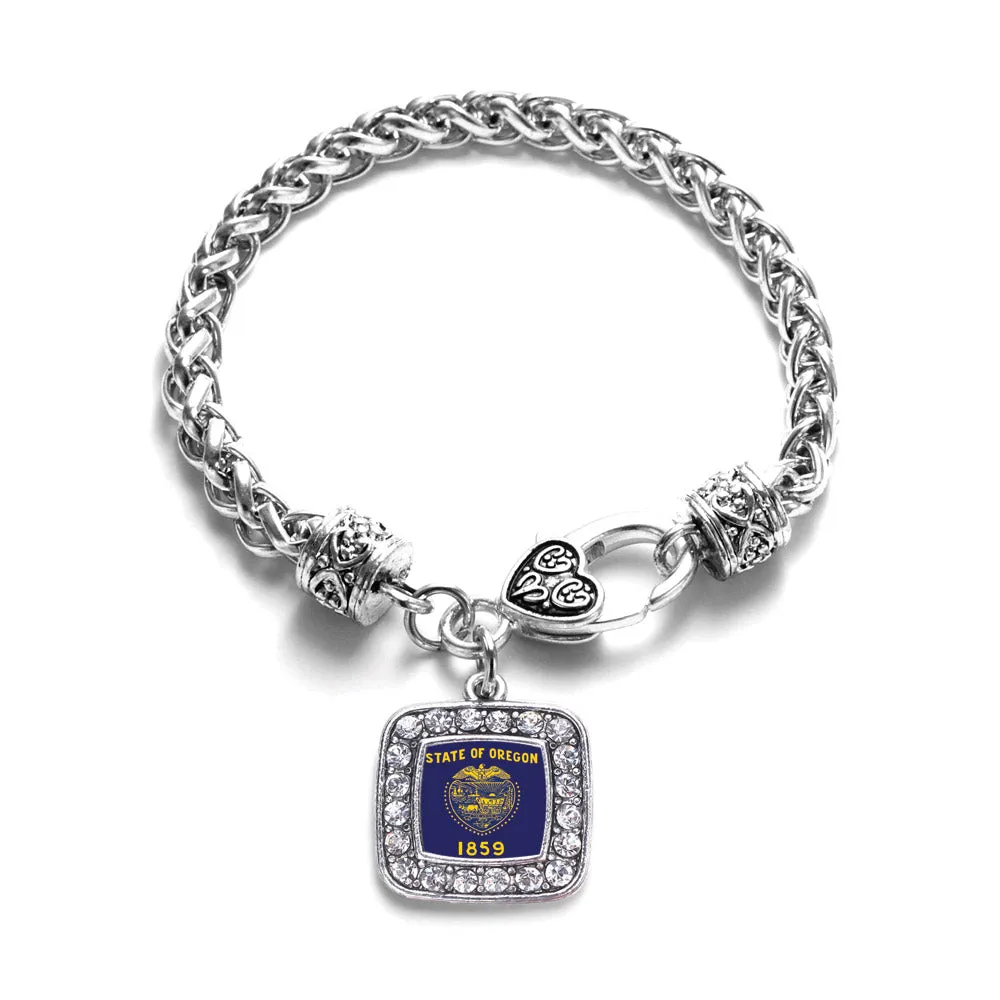 Silver Oregon Flag Square Charm Braided Bracelet