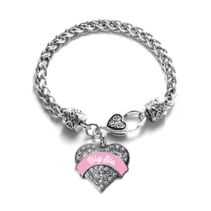 Silver Pink Big Sister Pave Heart Charm Braided Bracelet