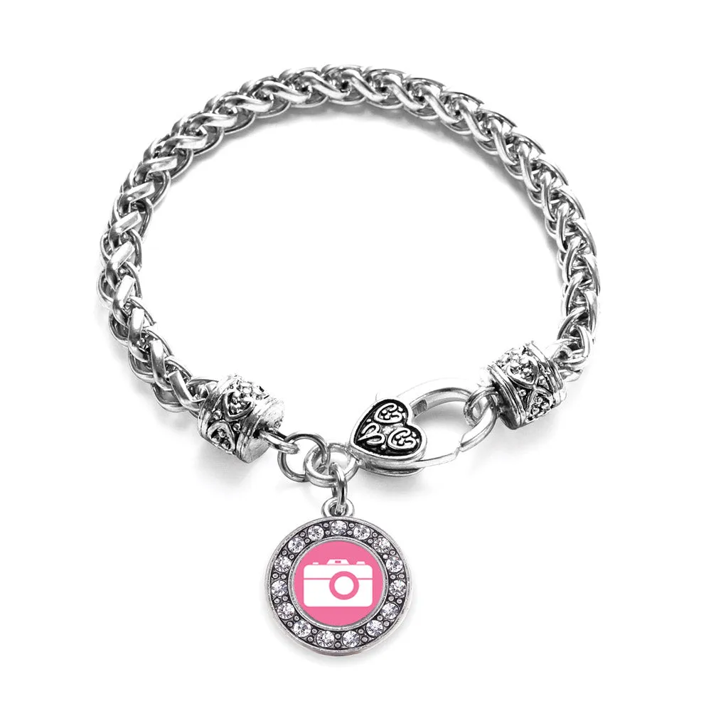 Silver Pink Camera Circle Charm Braided Bracelet