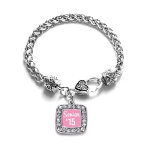 Silver Pink Senior '15 Square Charm Braided Bracelet