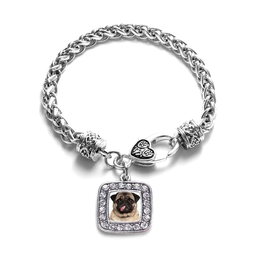 Silver Pug Face Square Charm Braided Bracelet