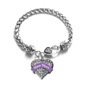 Silver Purple New Mom Pave Heart Charm Braided Bracelet