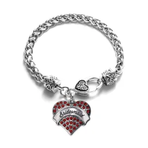 Silver Red Bridemaid Red Pave Heart Charm Braided Bracelet