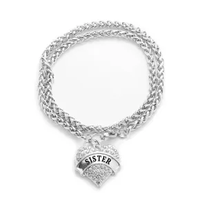 Silver Sister Pave Heart Charm Wrap Bracelet