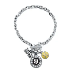 Silver Softball - Sports Number 9 Circle Charm Toggle Bracelet