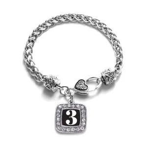 Silver Sport Number 3 Square Charm Braided Bracelet