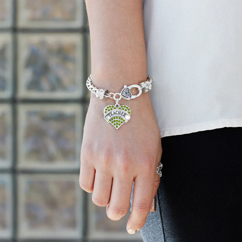 Silver Teacher Green Green Pave Heart Charm Braided Bracelet