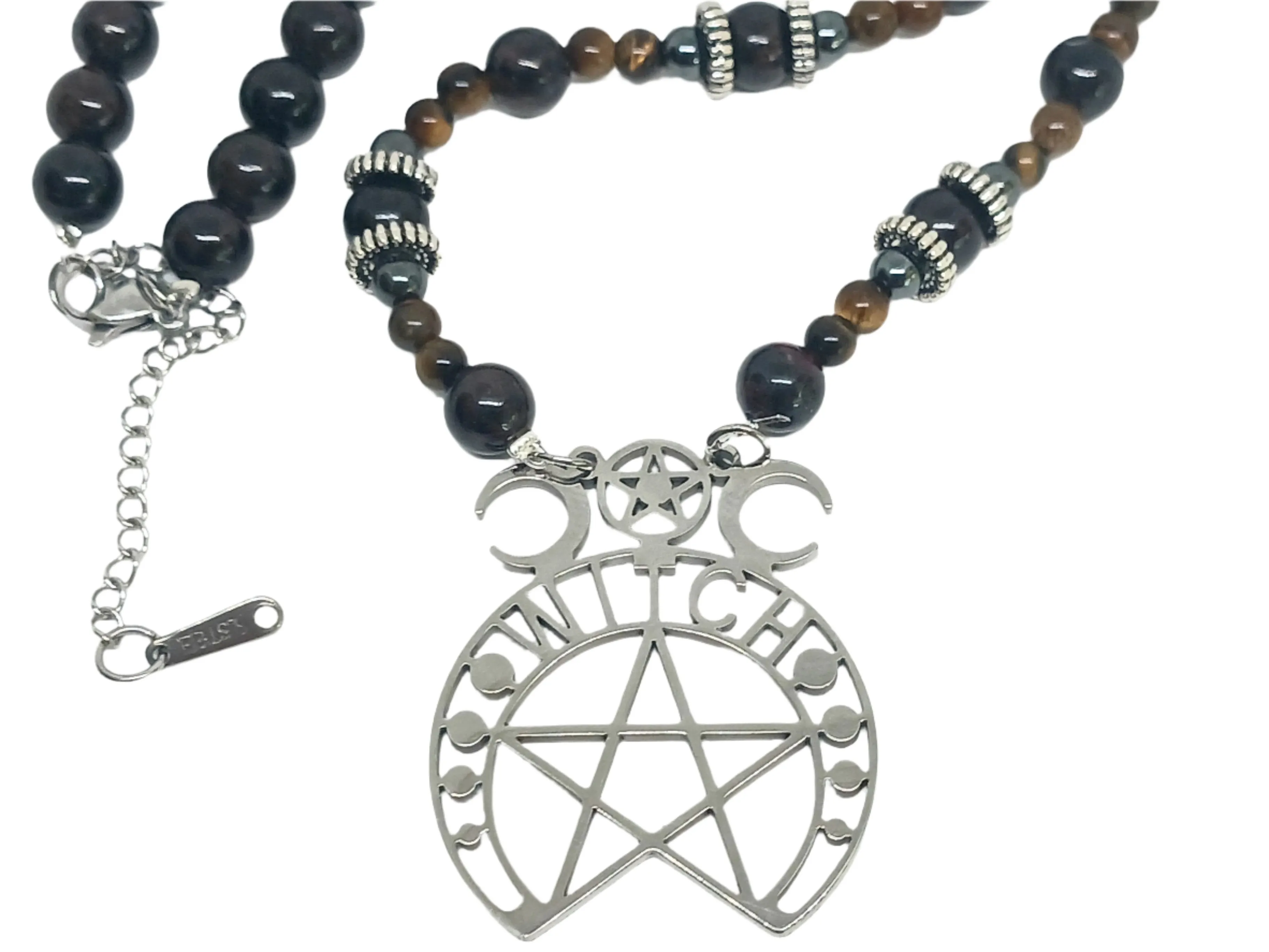 Stainless Steel Witch Pendant Necklace with Garnet and Tiger Eye Crystal