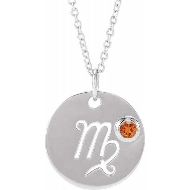 Sterling Silver Orange Garnet Virgo Zodiac Disc 16-18" Necklace