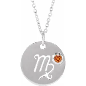 Sterling Silver Orange Garnet Virgo Zodiac Disc 16-18" Necklace