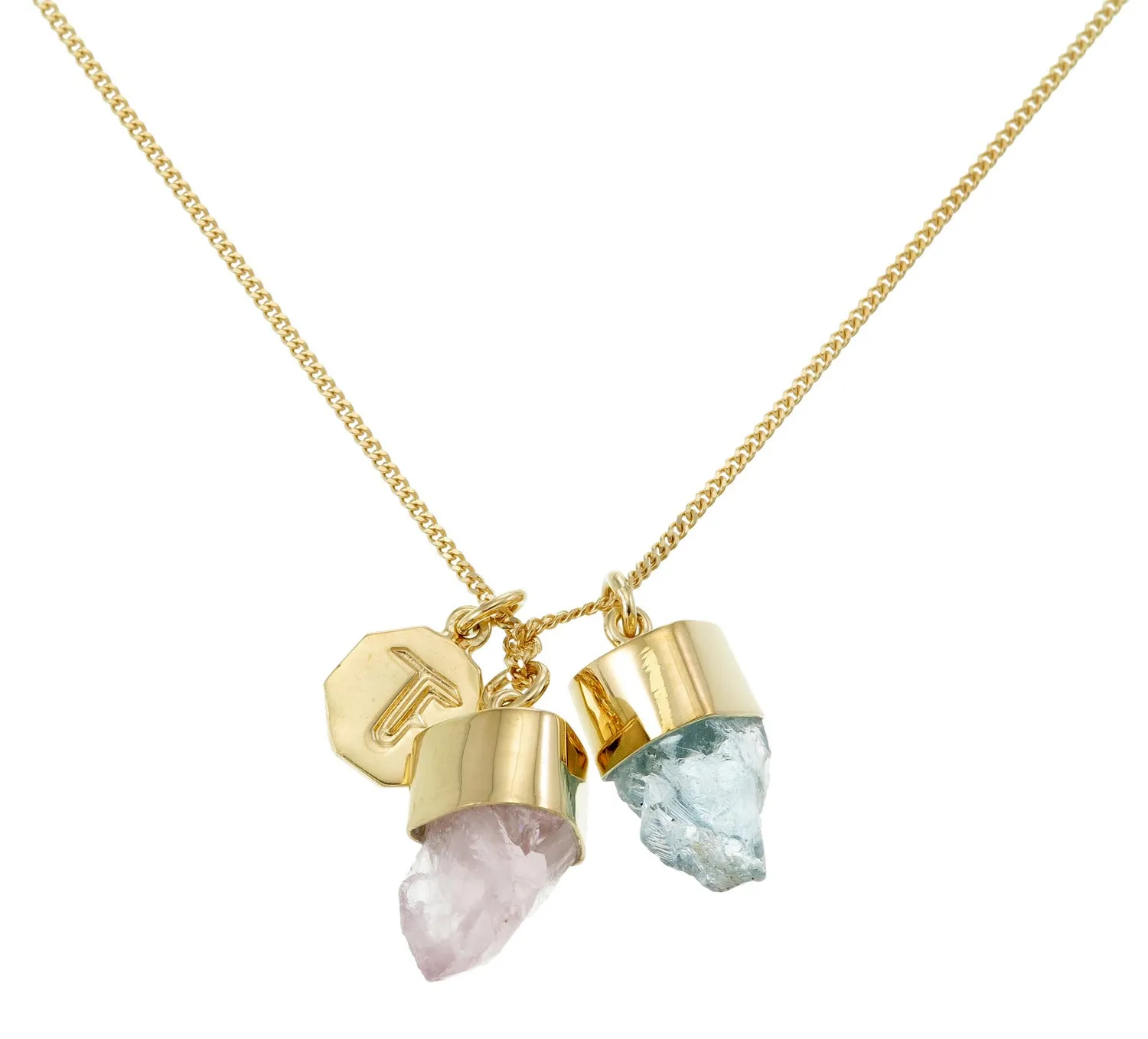 SUPERPOWER CHARM NECKLACE - AQUAMARINE WITH ROSE QUARTZ - GOLD