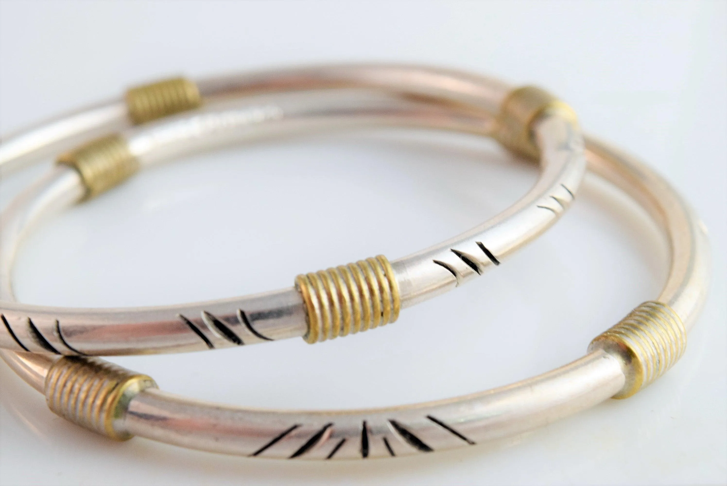 Vintage Pair of Two Tone Mexican Bangles Sterling Silver and Brass