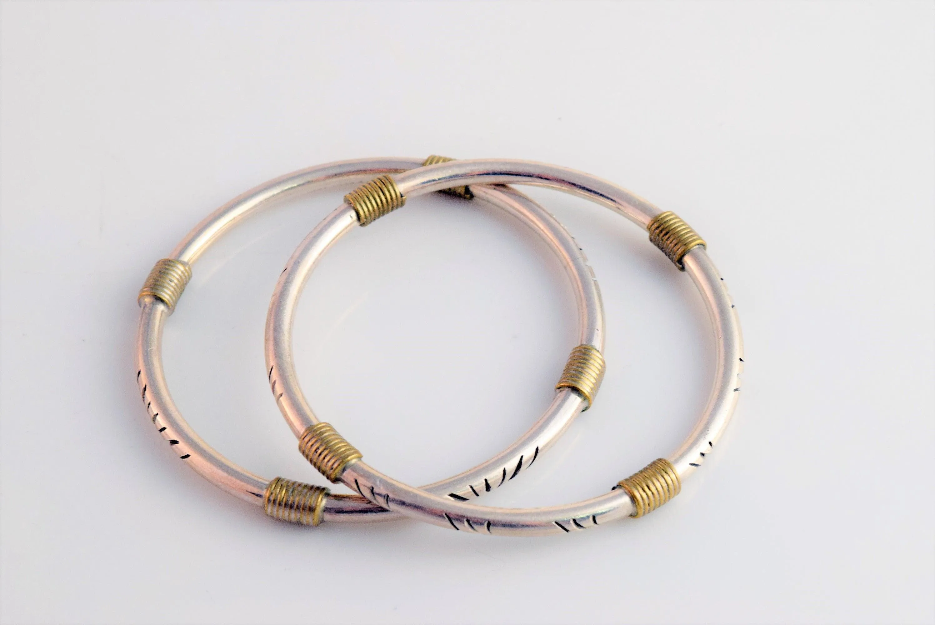 Vintage Pair of Two Tone Mexican Bangles Sterling Silver and Brass